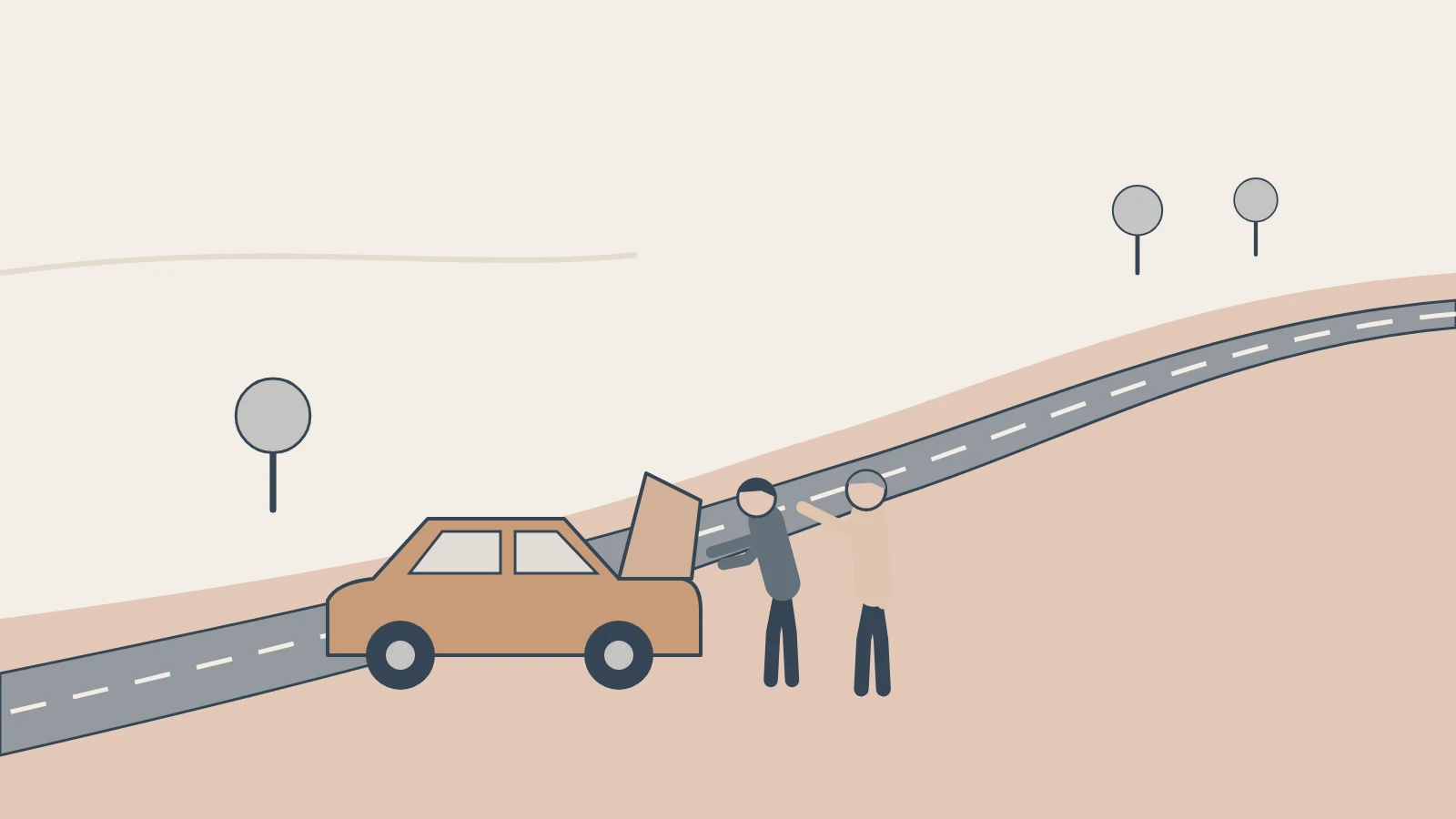 A car stopped with its bonnet up at the start of a long road, while one person shows another what to check.