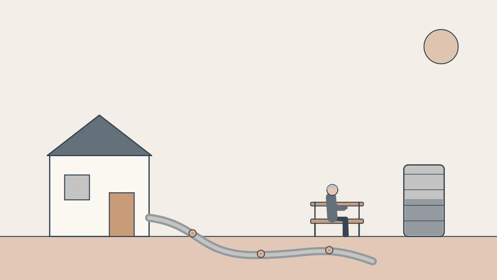A stream carrying coins runs from a house to a person on a bench, with a rain tank kept beside them.
