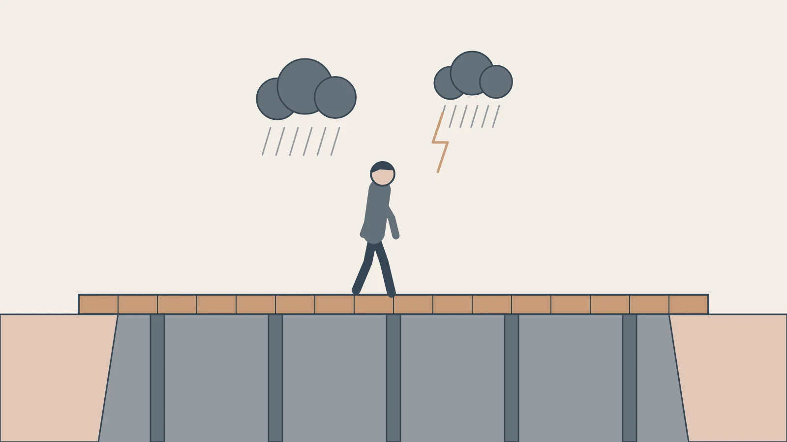 A walker crosses solid boards over a drop while storm clouds gather overhead.