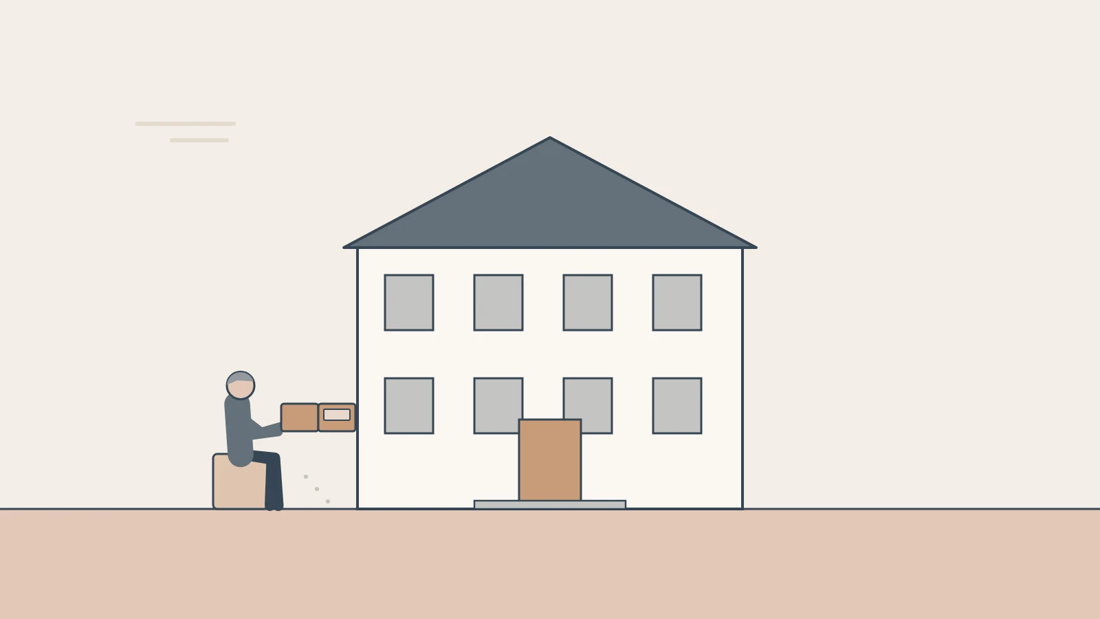 A person sits outside a large home holding an open, empty wallet.