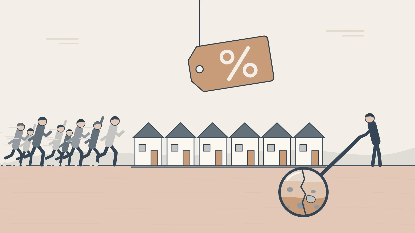 A crowd rushes toward a giant discount tag over new homes while one person stands aside, studying the land with a magnifier.