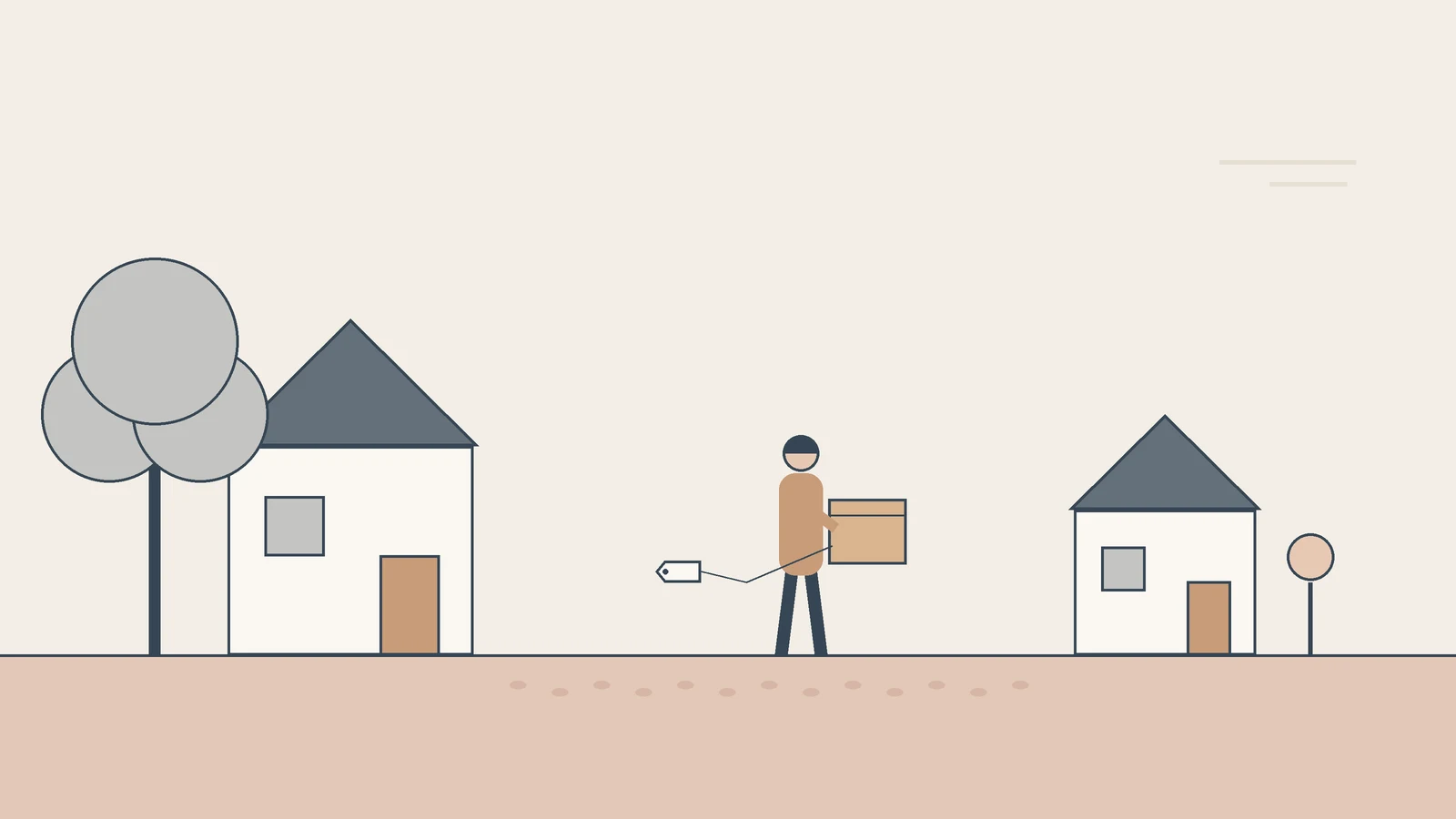 A person carries a box with a tag on a string, walking from a family house towards a smaller new one.