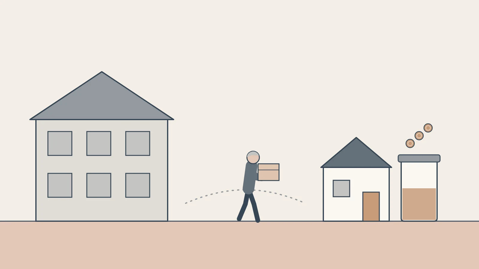 A person carries a box from a large house toward a small one, beside a jar filling with coins.