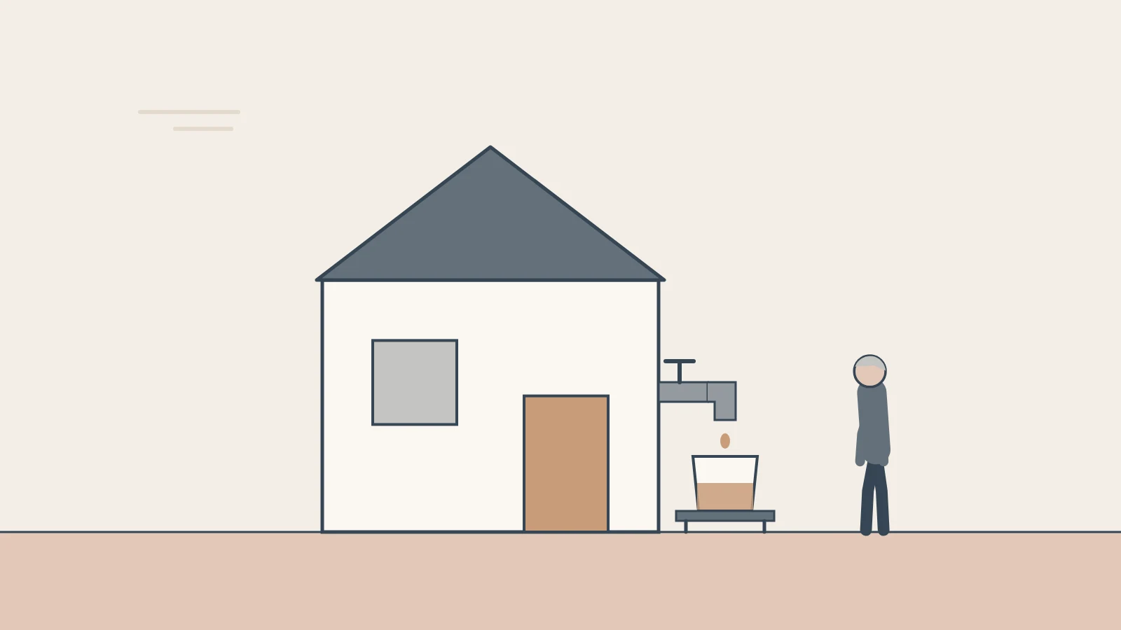 A tap in the side wall of a house drips into a cup on a small table while an older person looks on.