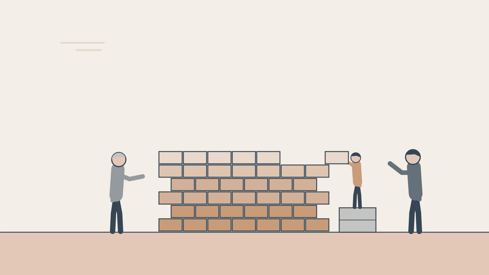 An older person and a parent watch as a child on a crate adds a brick to a wall built in layers.