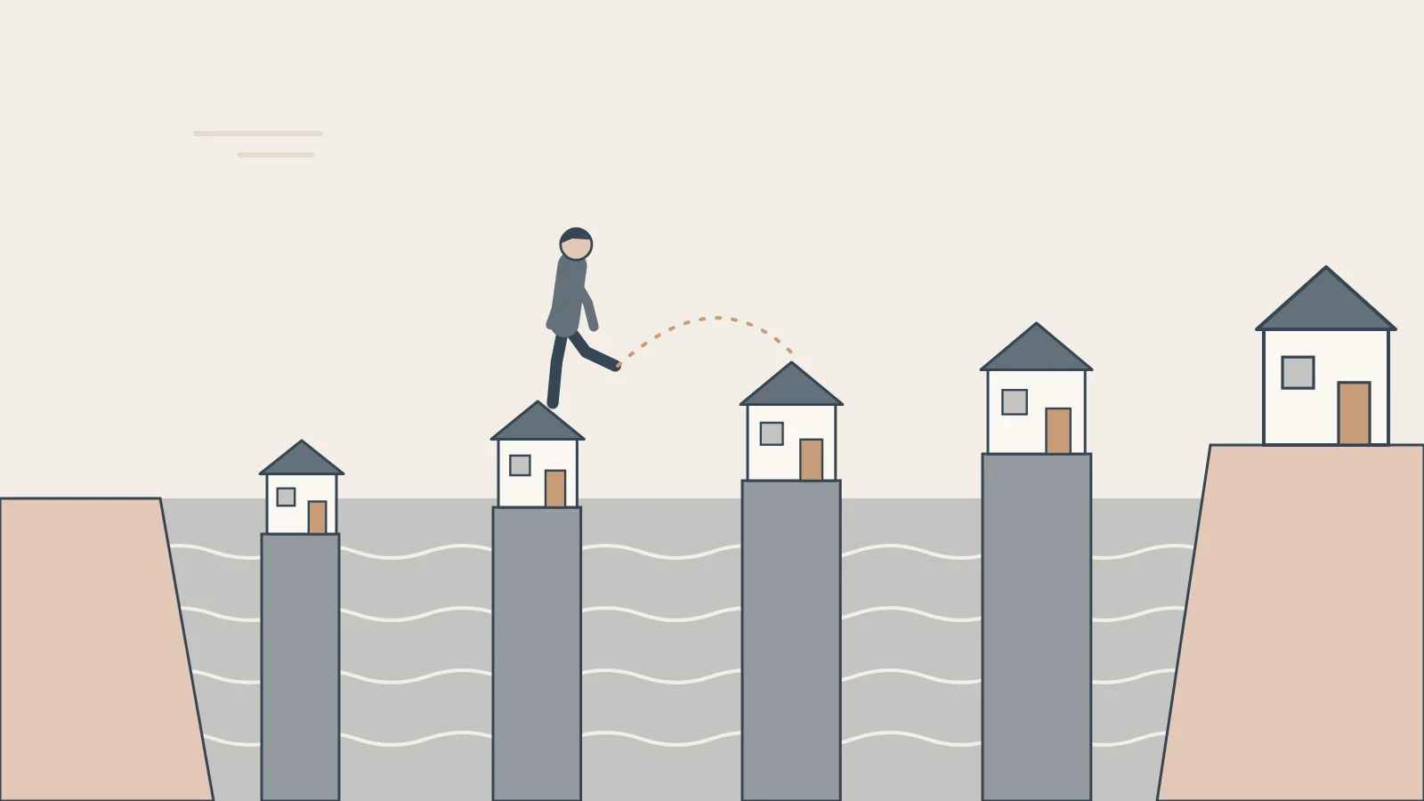 Homes rise out of a river like stepping stones, leading a walker toward a house on the far bank.
