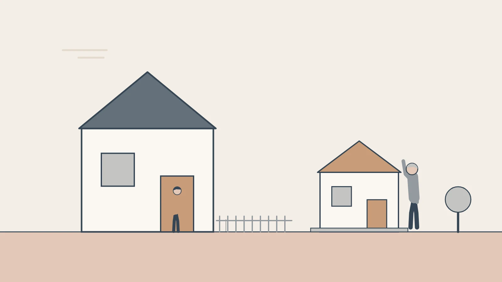 A family home and a granny flat on the same block, with an older person and a child waving to each other.