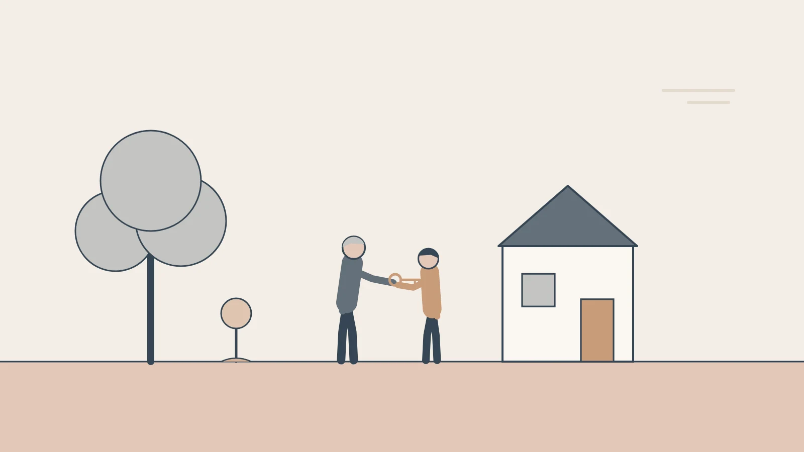 An older person hands a house key to a younger one, beside a big tree with a young tree planted next to it.