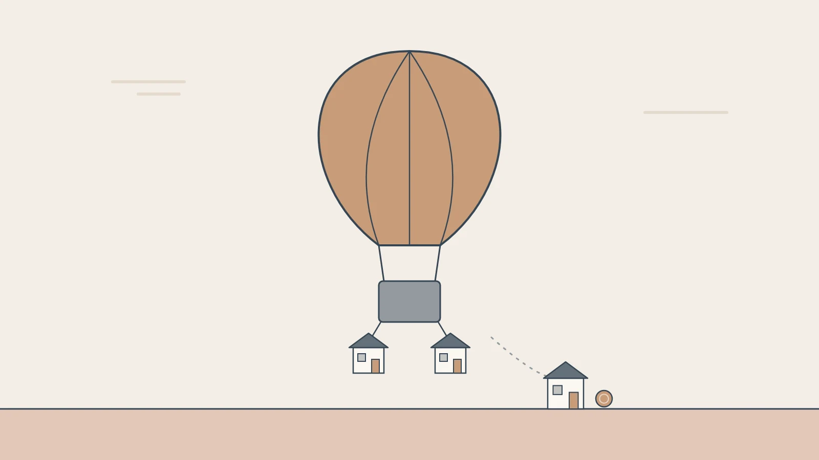 A hot-air balloon carries two small houses as ballast while a third rests on the ground beside a coin.