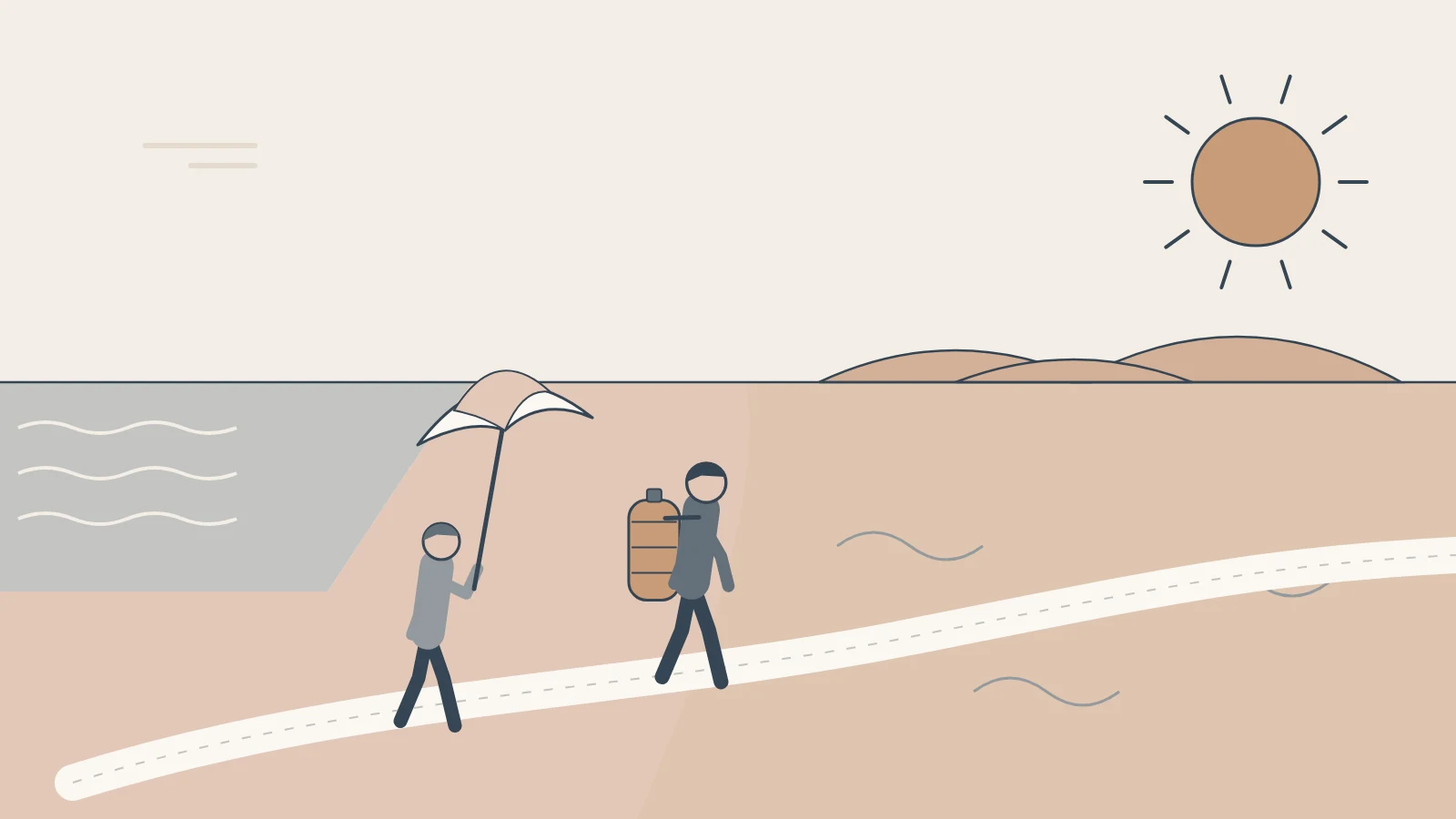 A beach path turns into desert; one walker carries a full water tank, another only a beach umbrella.