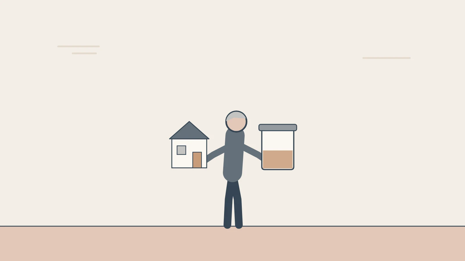 A person holds a small house in one hand and a jar of savings in the other.