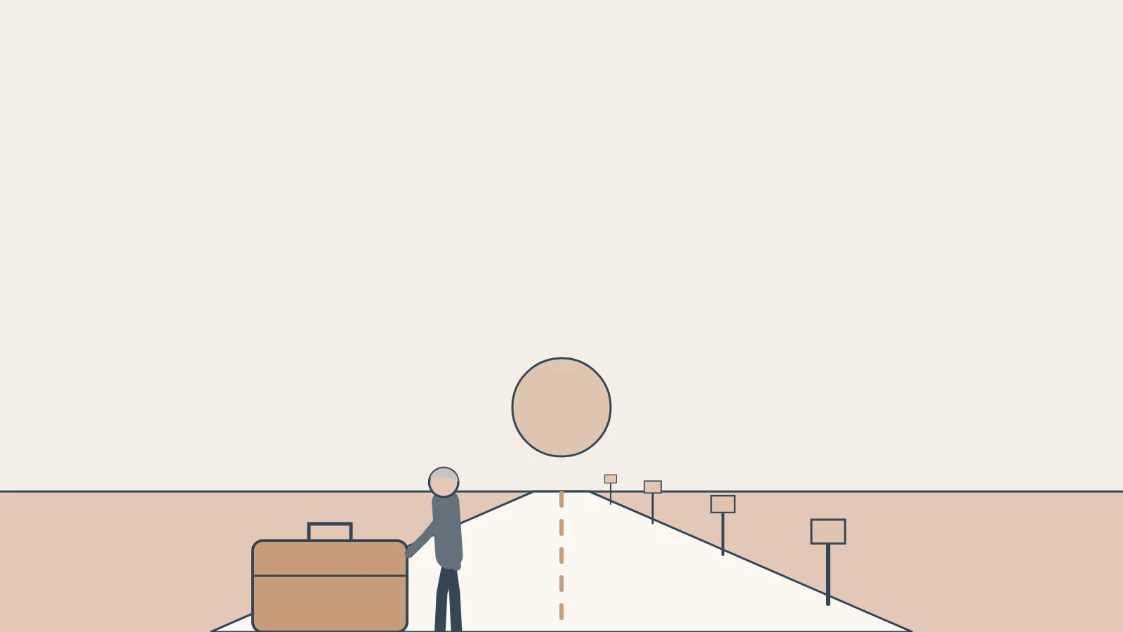 A traveller beside a large suitcase at the start of a long road lined with mileposts toward a low sun.