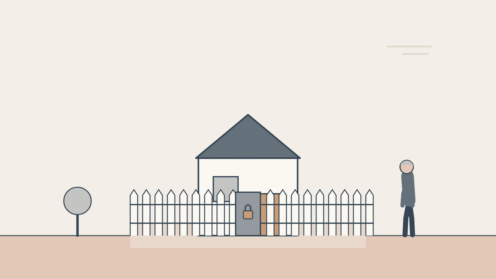 A house inside a picket fence with a padlocked gate, while a person stands outside looking on.