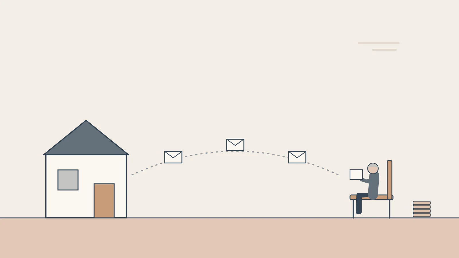 Envelopes travel from a house to a retiree on a bench reading a letter, with a small stack of coins beside them.