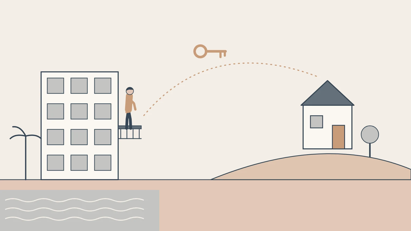 A person on the balcony of a beachside flat, linked by a key and a dotted line to a house they own inland.