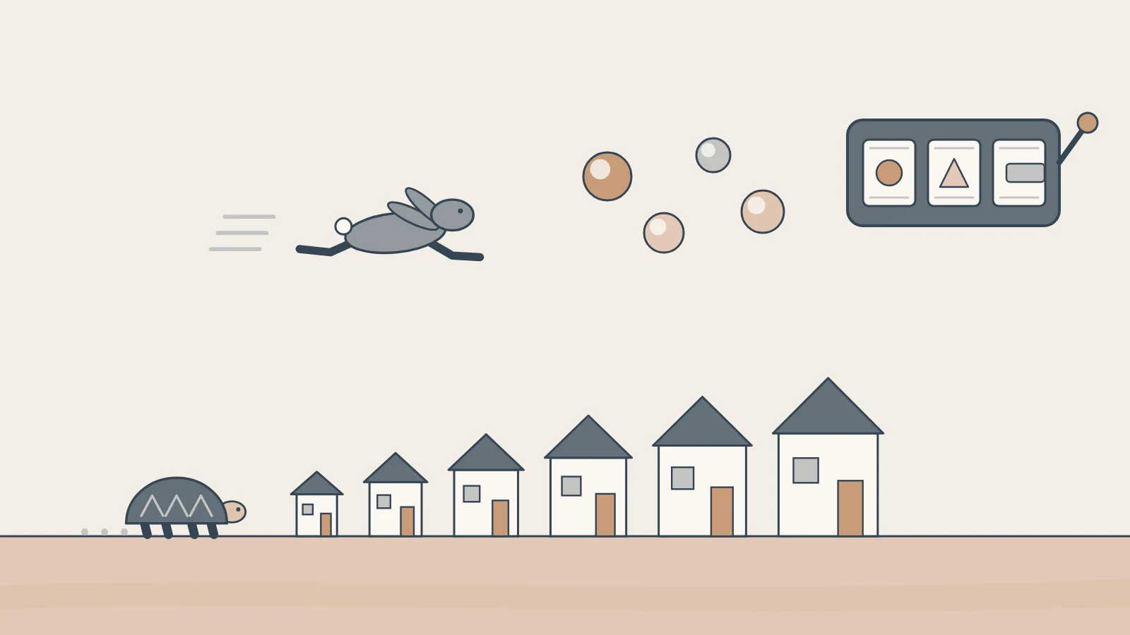 A hare chases lottery balls and slot machine reels while a tortoise walks steadily past houses that grow along the path.