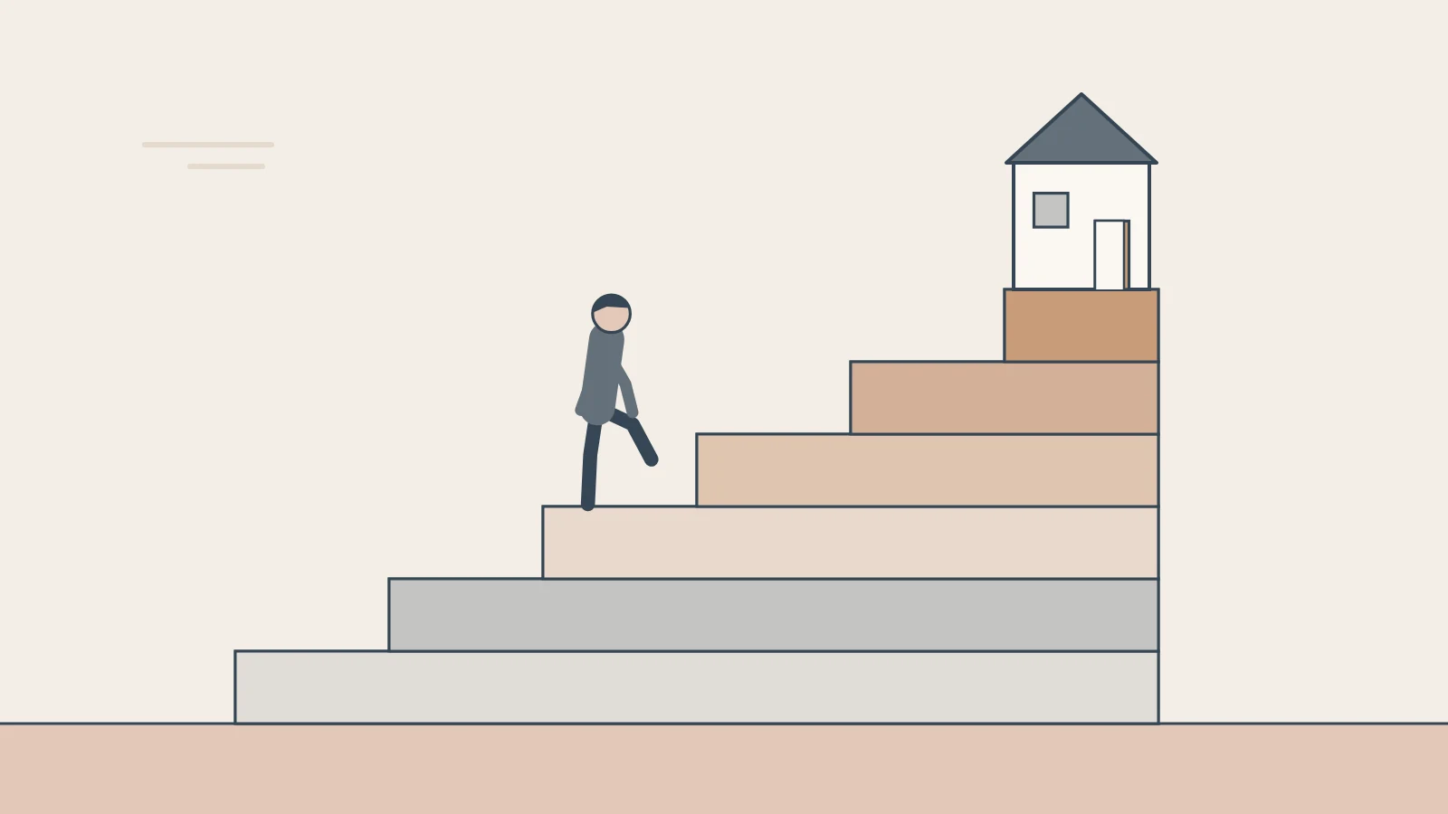 A person climbs a staircase toward a house with its door open at the top.