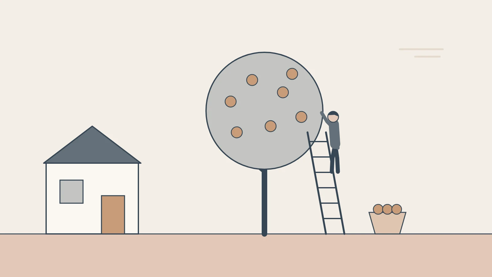A person on a ladder picks fruit from a large tree beside a house, with a basket on the ground.