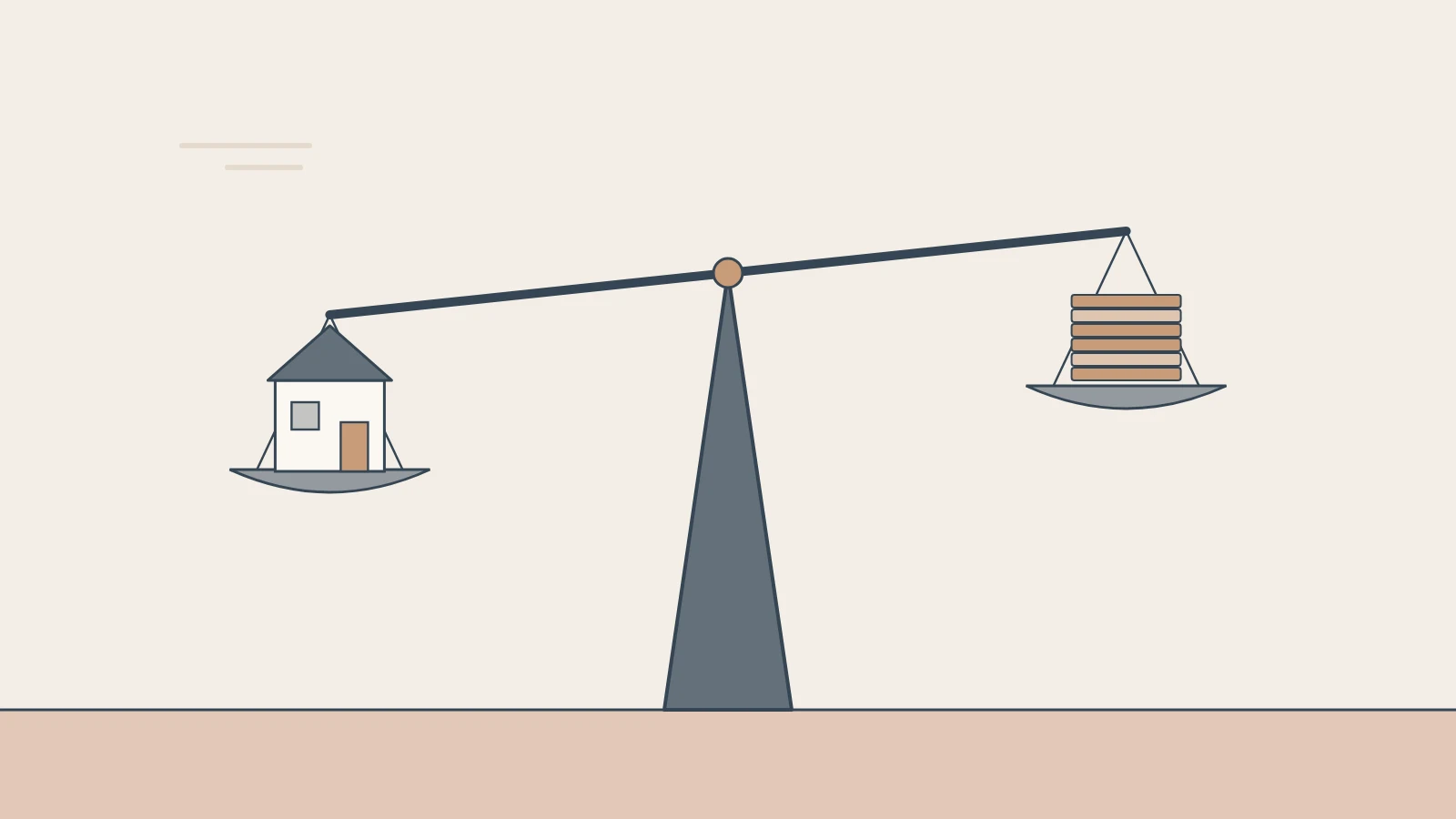 A set of scales with a house on one side and a stack of coins on the other.