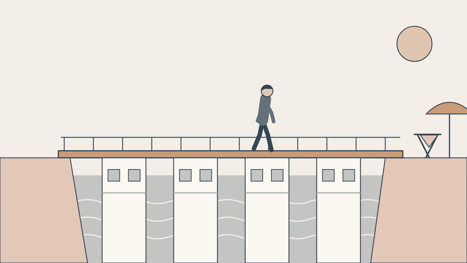 A walker crosses a bridge held up by homes toward a deckchair and umbrella on the far shore.