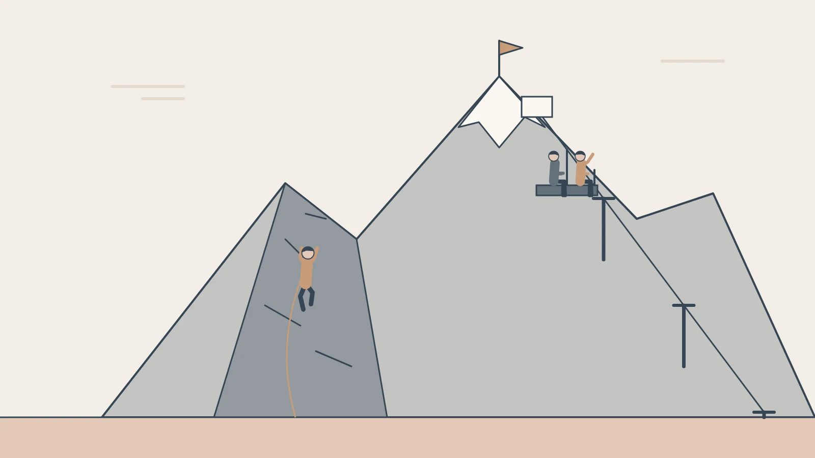 A lone climber halfway up a rock face while a chairlift carries a rider and a guide almost to the summit.