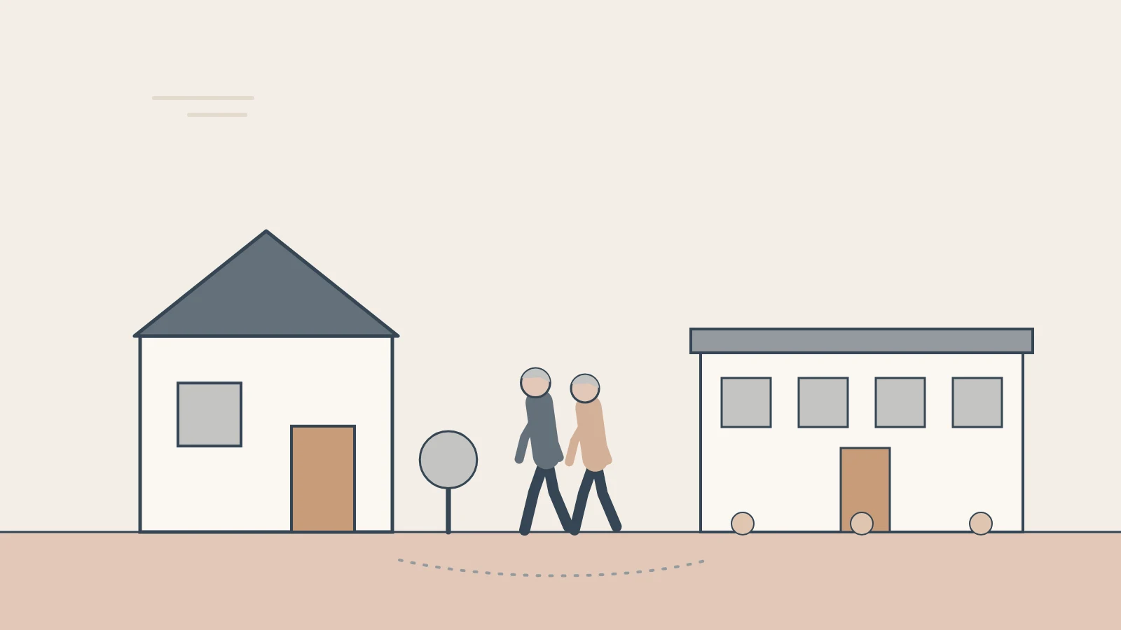 An older couple walk the path between their family home and a care home with a garden.