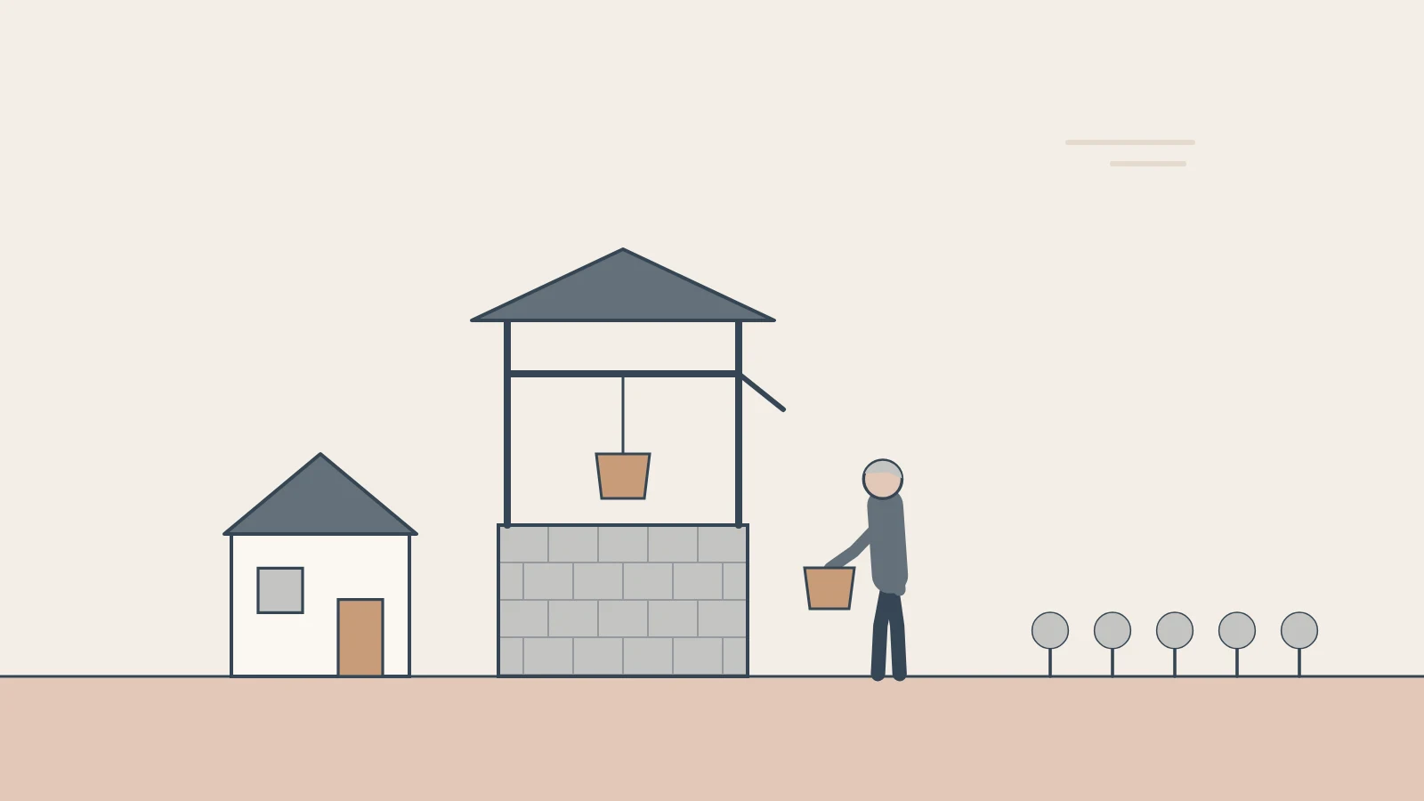 A covered well beside a small house, with a bucket raised and a person carrying water to young trees.