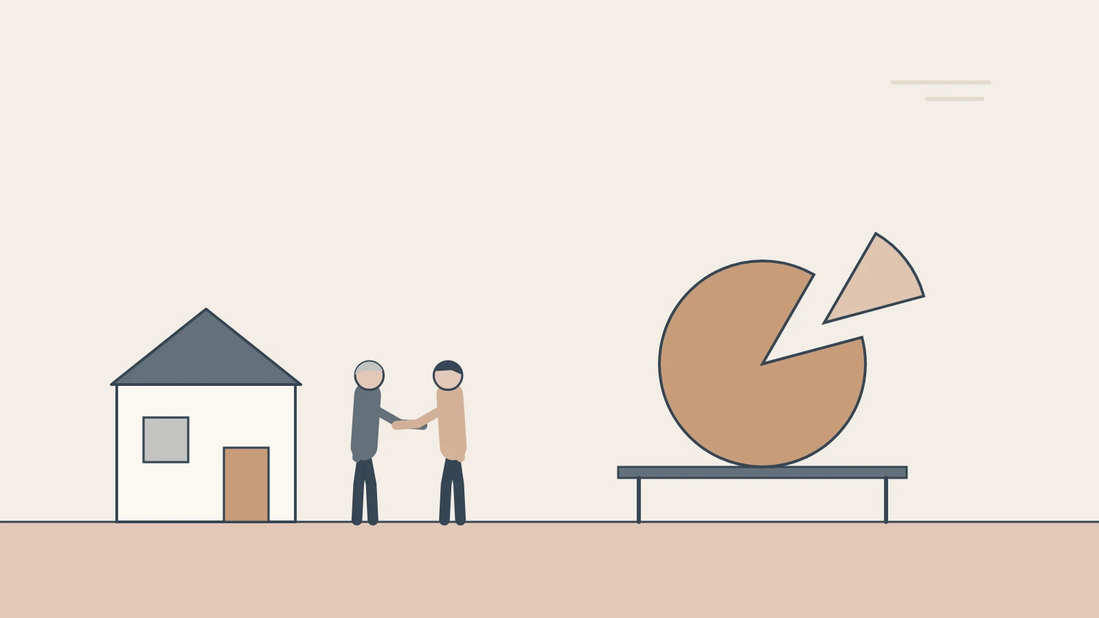 Two people shake hands outside a house beside a table holding a large pie with one slice lifted away.