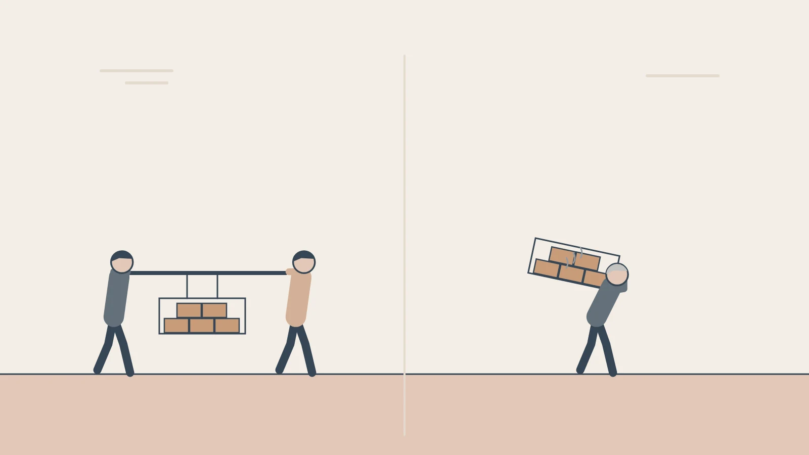 Two people share a crate of bricks on a pole; beside them one person carries the same crate alone, bent under it.