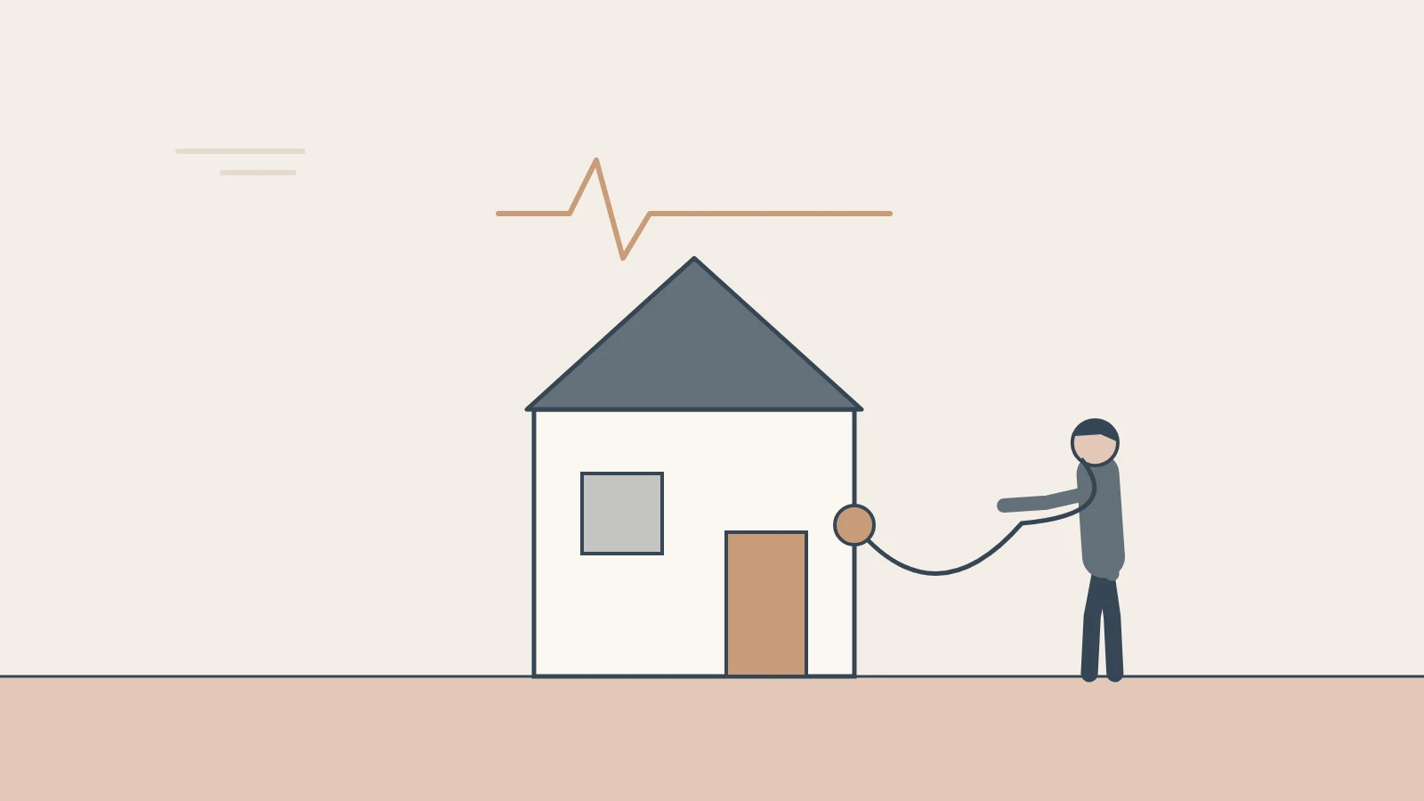 A person listens to a house with a stethoscope while a heartbeat line runs above the roof.