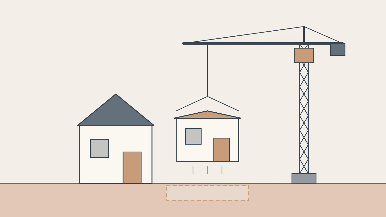 A crane lowers a second home onto a marked-out block beside an existing house.