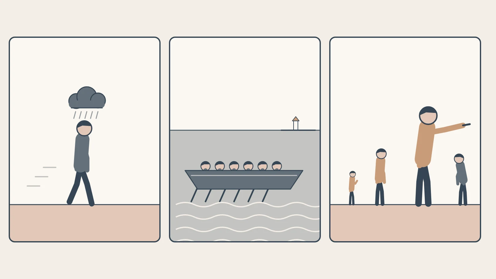 Three panels: a cloud following a person, rowers at the oars of a galley, and a helper growing into a master.