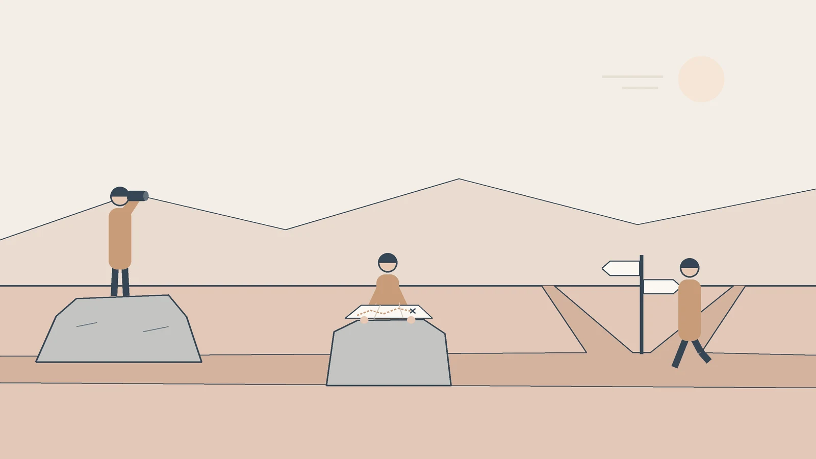 A walker looks out with binoculars, then reads a map on a rock, then steps onto one of two paths.