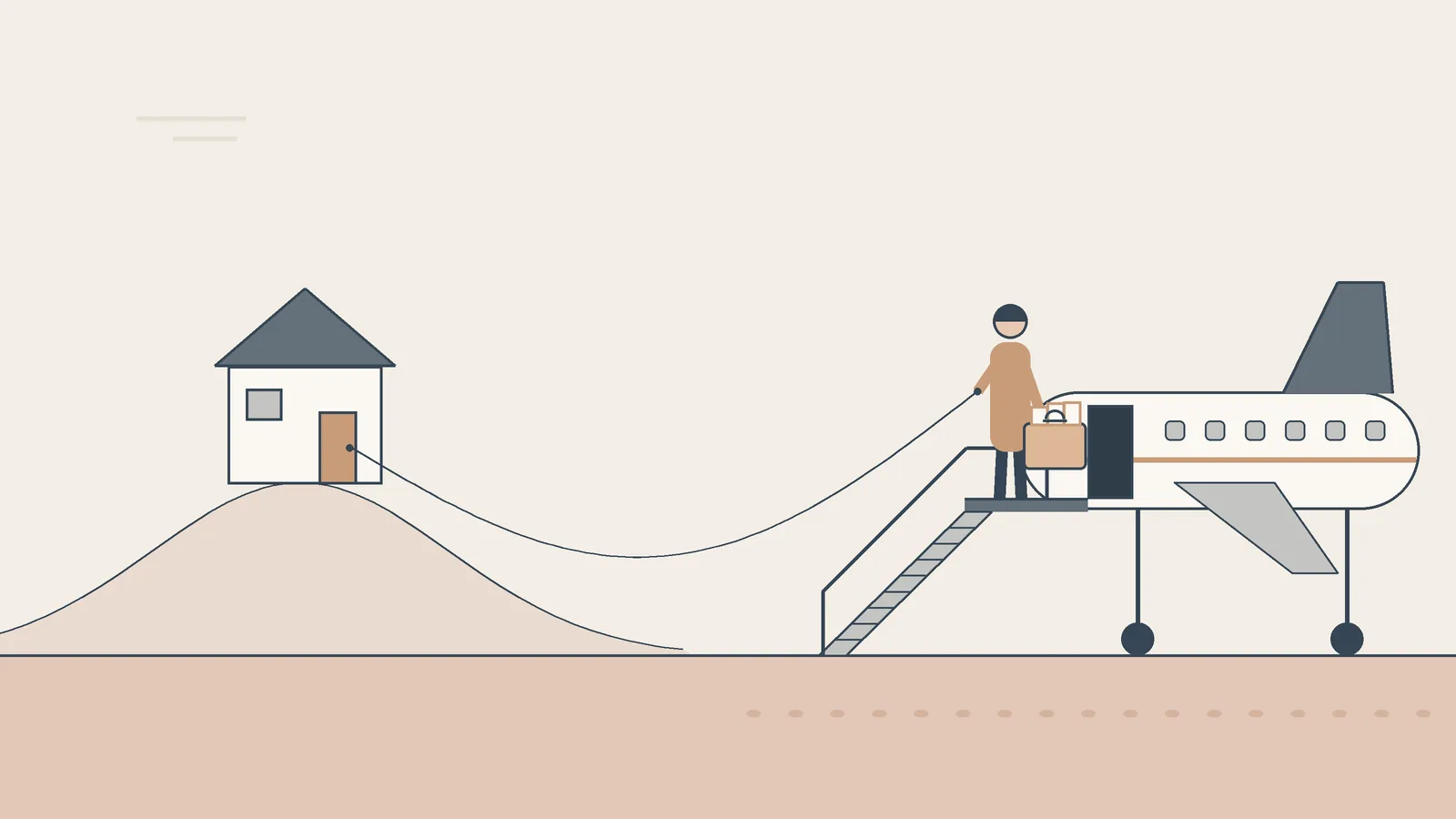A traveller boards a plane with a suitcase while a long thread runs back to a house on the hill.