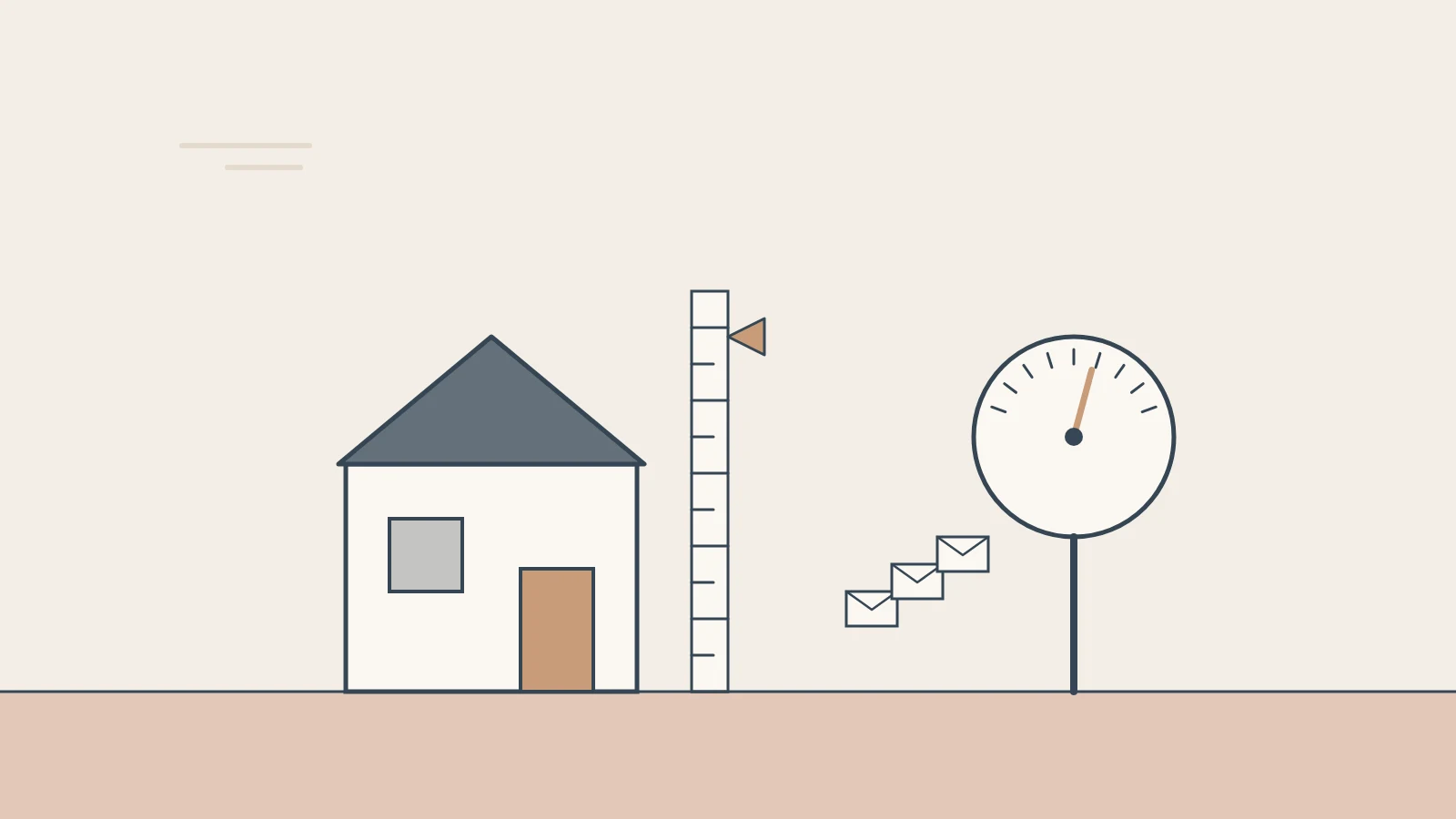 A house beside a measuring post, and envelopes of rent heading into a dial gauge.
