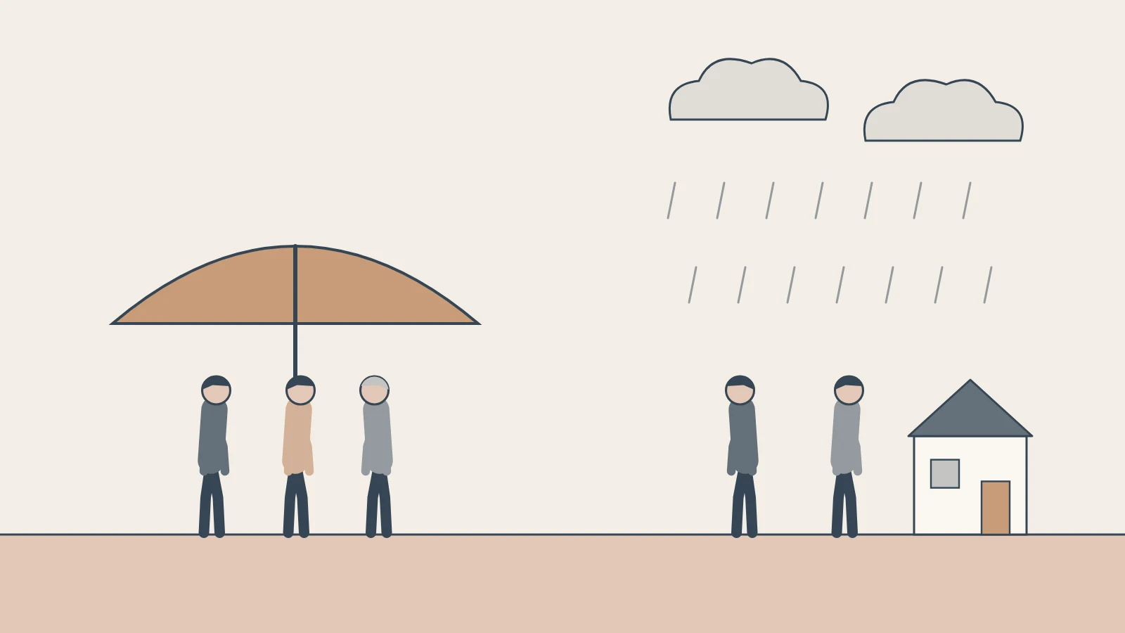Three people stand dry under a wide umbrella while two others stand in the rain beside a house.