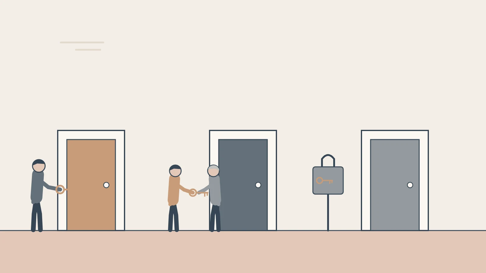 Three doors: one person holds a key, two people share a key, and a key sits locked in a box on a stand.
